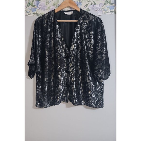 Studio C Satin XL Black Silver Vintage Party Event Flowy Paisley Button Top - Picture 1 of 5